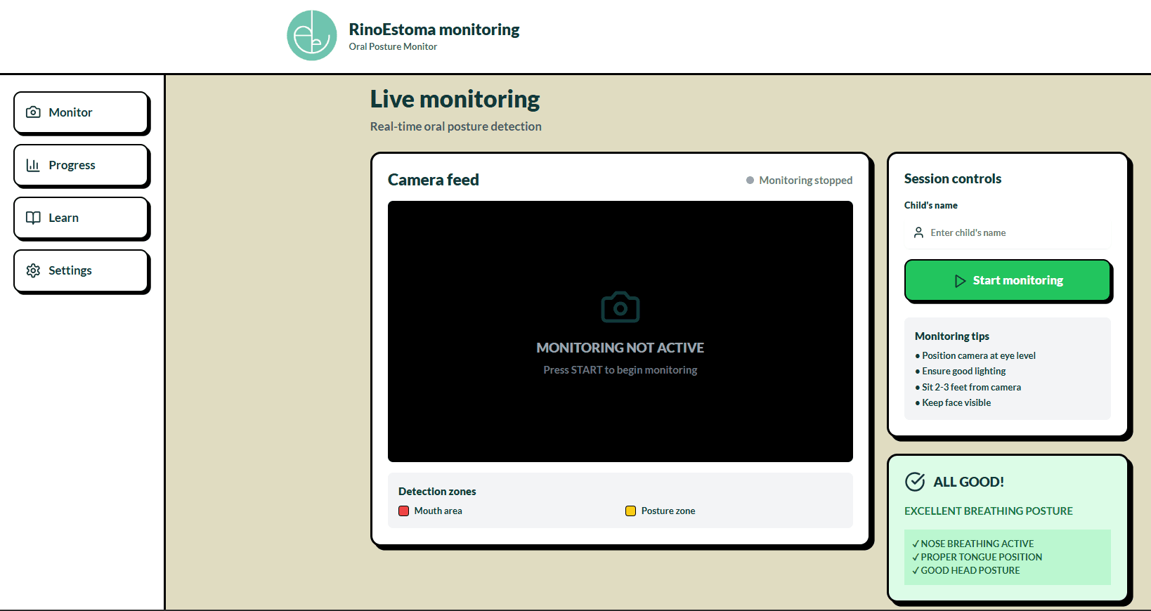 Captura de pantalla de RinoMONITOR — Live monitoring con camera feed, session controls y panel de postura