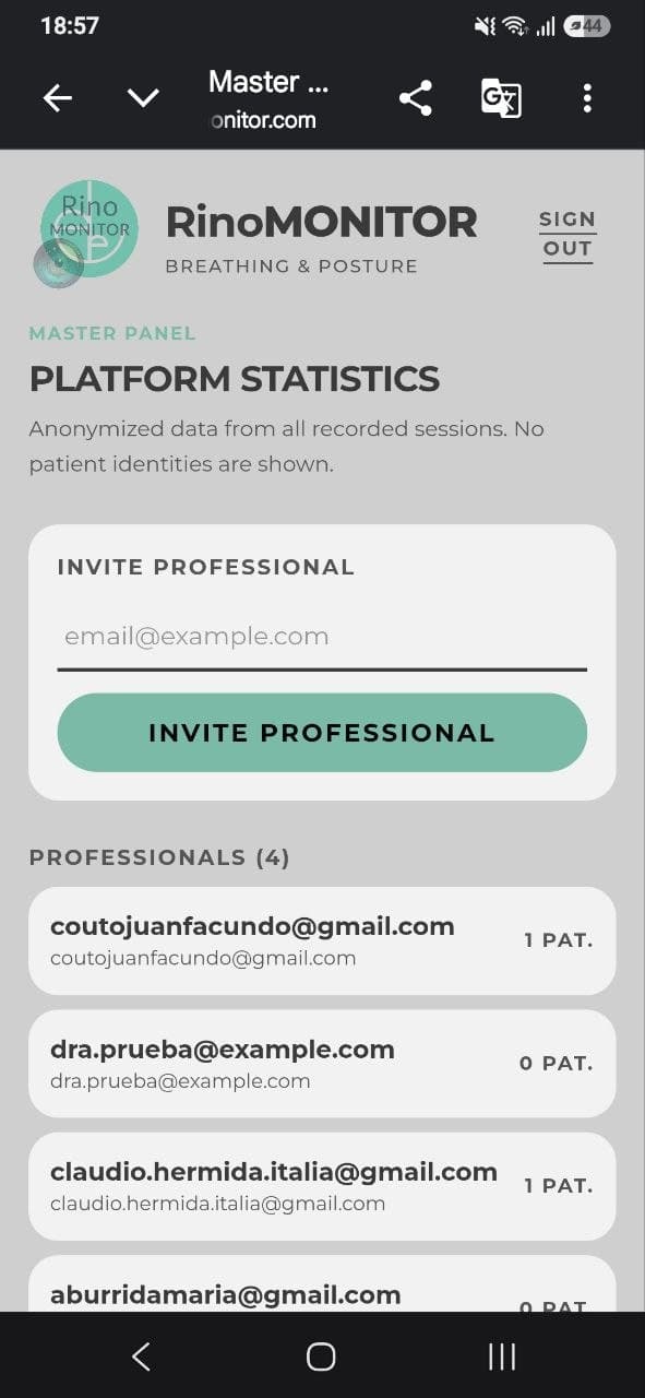 RinoMONITOR on mobile — Master Panel with platform statistics and professional management